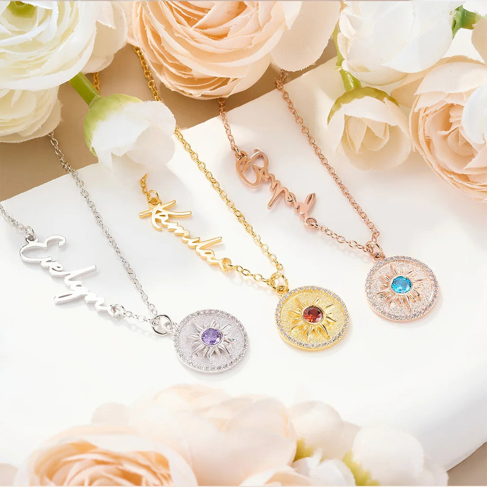 Custom Name Dainty Sun Necklace with Birthstone