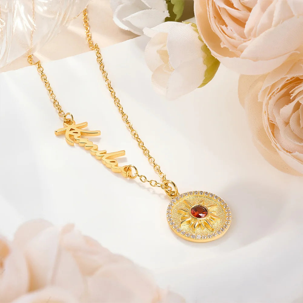 Custom Name Dainty Sun Necklace with Birthstone
