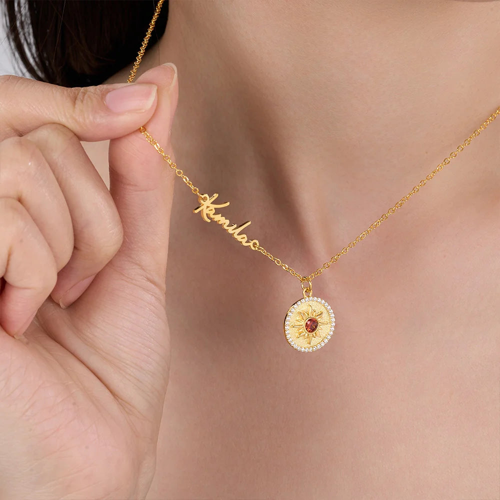 Custom Name Dainty Sun Necklace with Birthstone