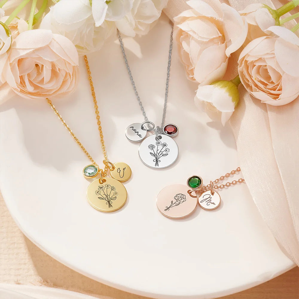 Custom Engraved Birth Flower Bouquet Necklace with Birthstone