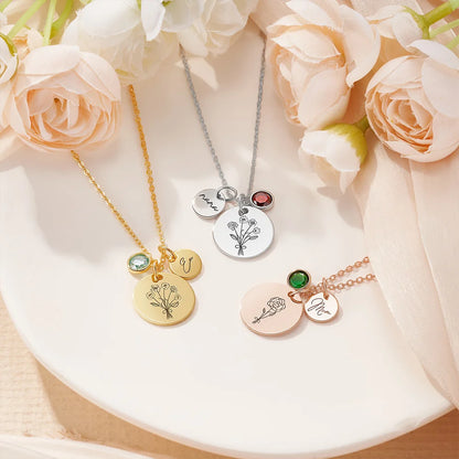 Custom Engraved Birth Flower Bouquet Necklace with Birthstone