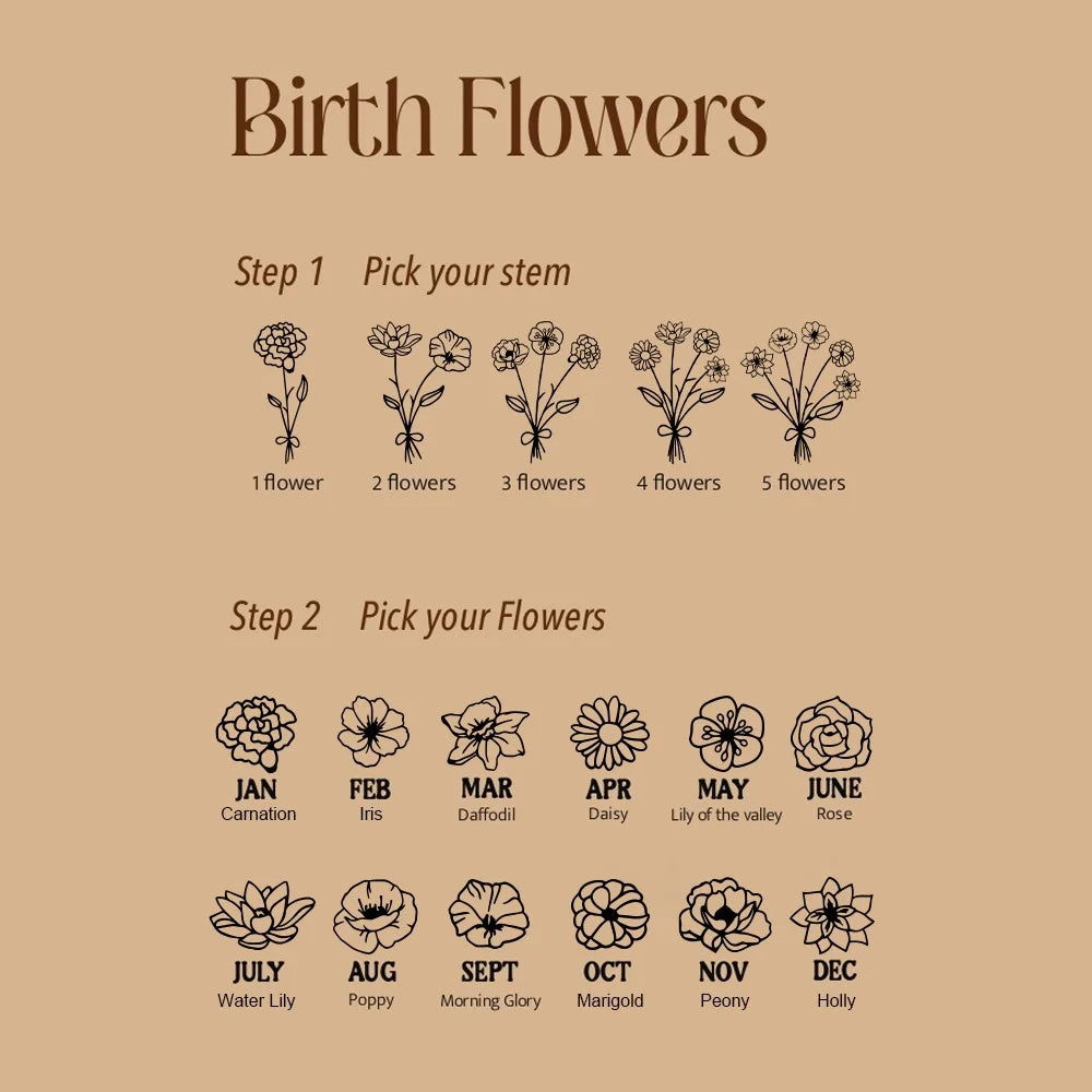 Custom Engraved Birth Flower Bouquet Necklace with Birthstone