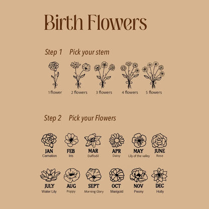 Custom Engraved Birth Flower Bouquet Necklace with Birthstone