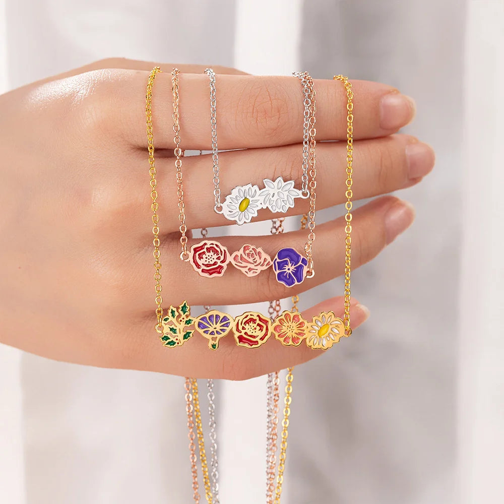 Custom Combined Colorful Birth Flowers Necklace