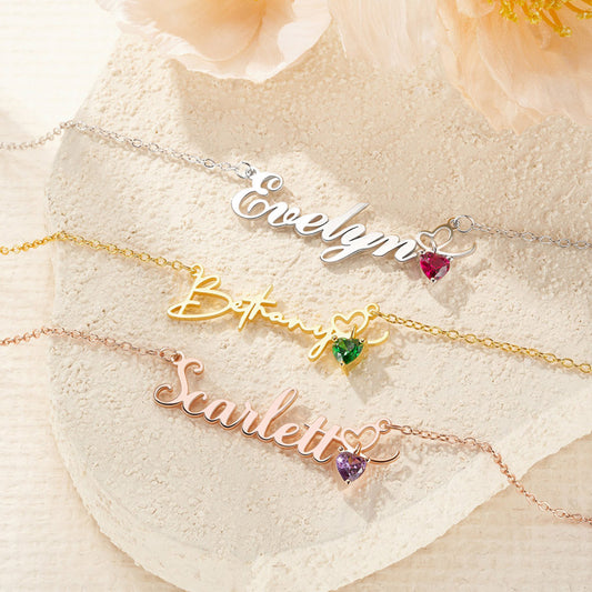 Personalized Name Necklace with Heart Birthstone