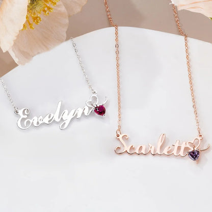 Personalized Name Necklace with Heart Birthstone