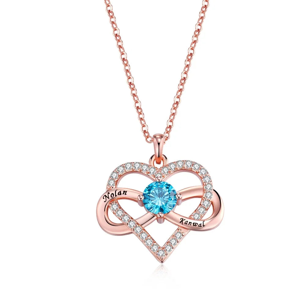 Personalized Names Infinity Heart Necklace with Birthstone