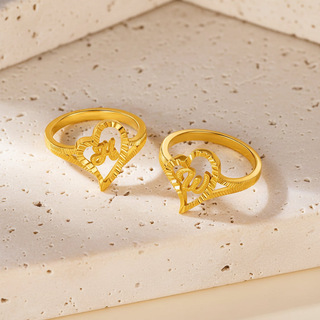 Custom Gold Slanted Heart Initial Ring