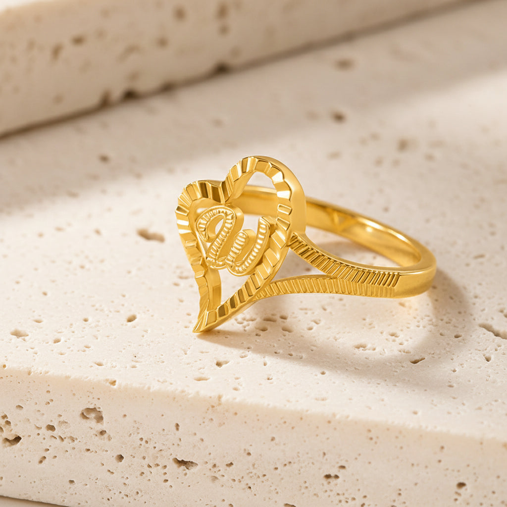 Custom Gold Slanted Heart Initial Ring