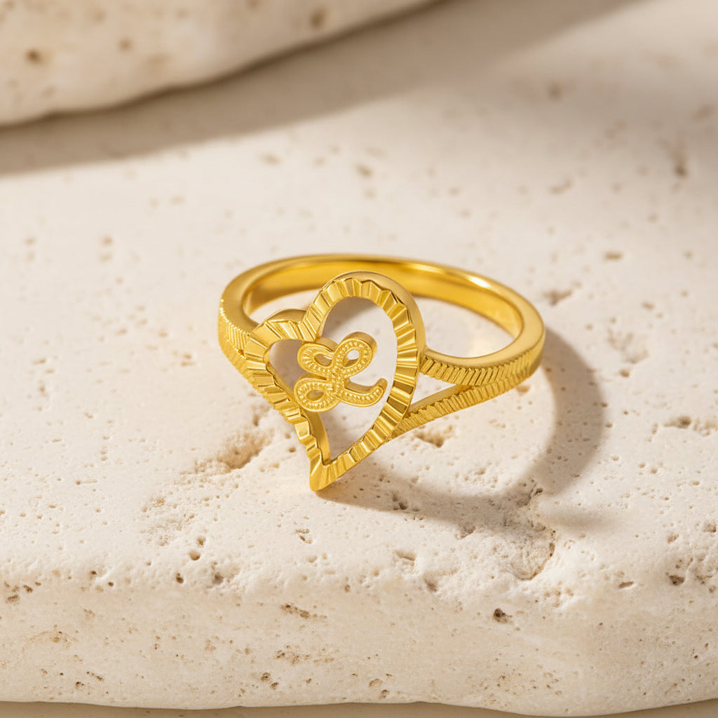 Custom Gold Slanted Heart Initial Ring