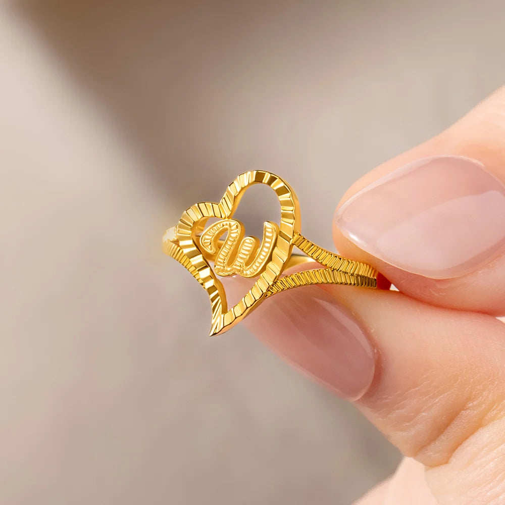 Custom Gold Slanted Heart Initial Ring