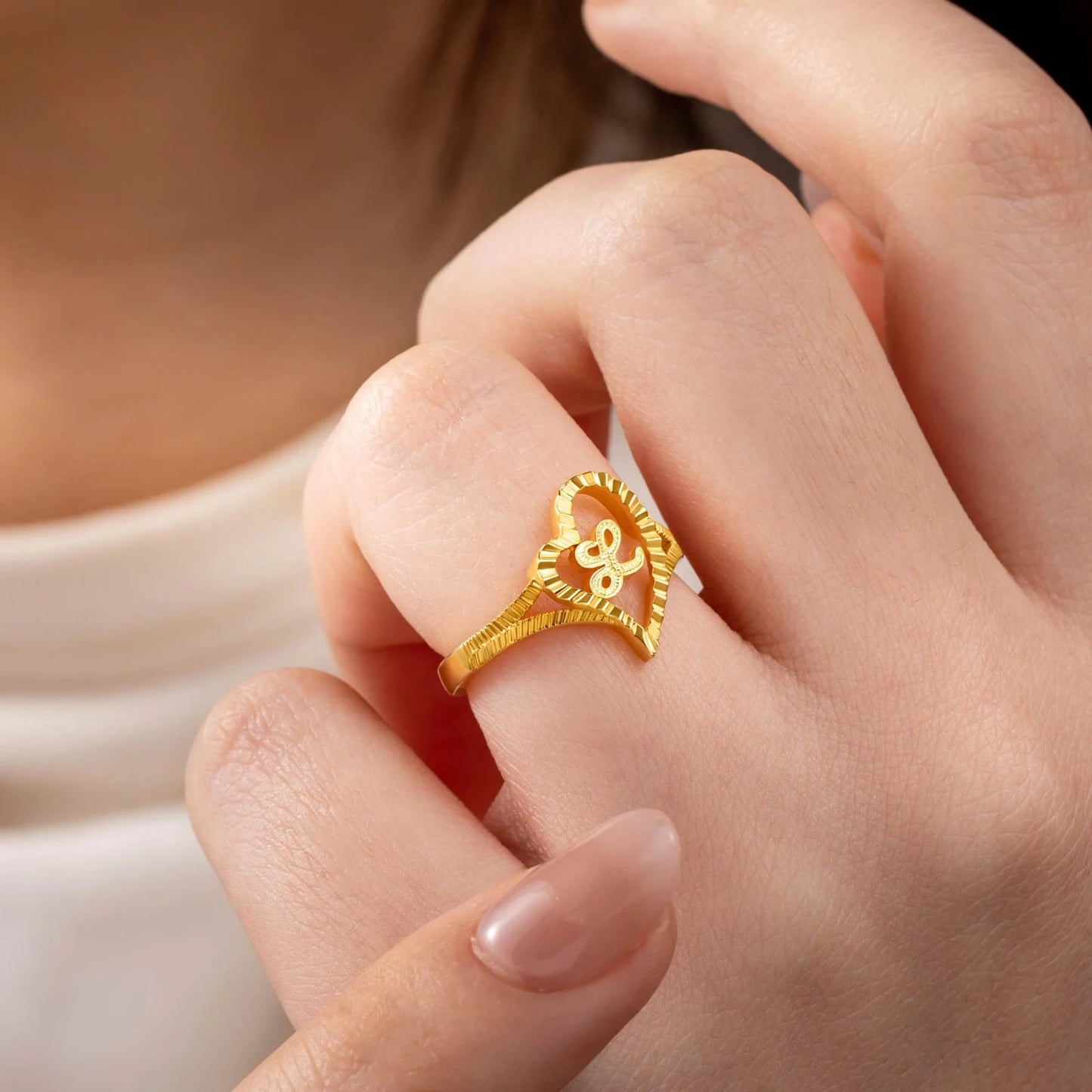 Custom Gold Slanted Heart Initial Ring