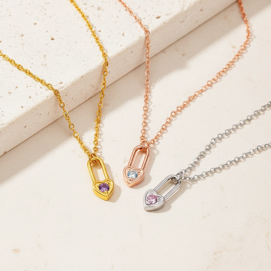 Custom Birthstone Heart Lock Necklace