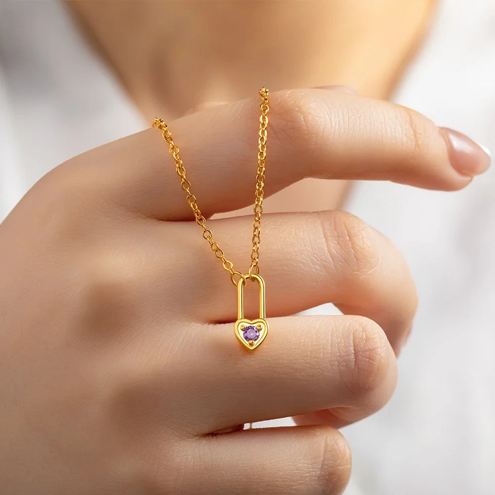 Custom Birthstone Heart Lock Necklace