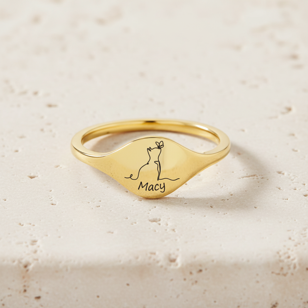 Custom Engraved Cat Silhouette Signet Ring with Name