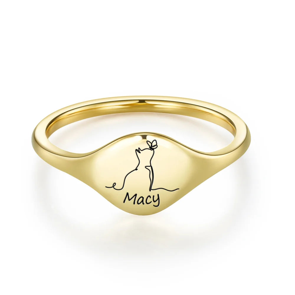 Custom Engraved Cat Silhouette Signet Ring with Name