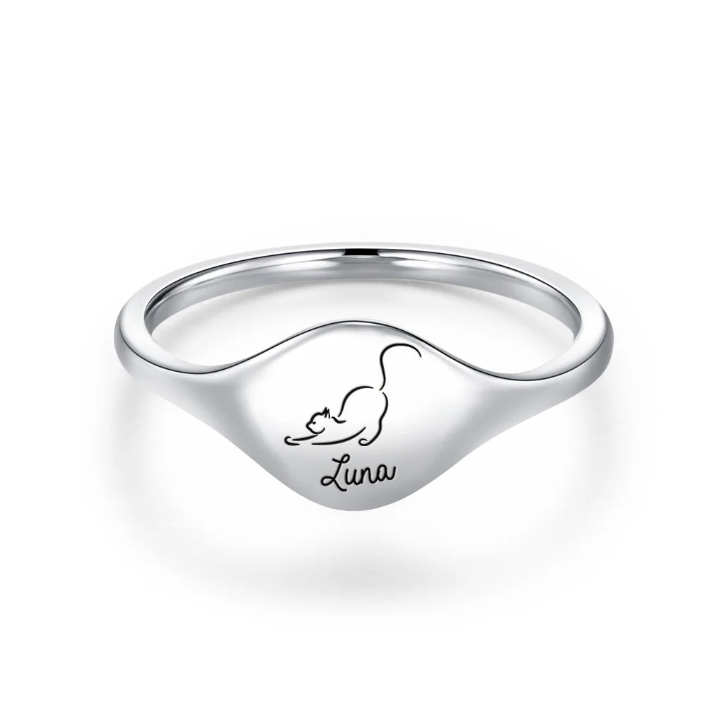 Custom Engraved Cat Silhouette Signet Ring with Name