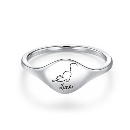Custom Engraved Cat Silhouette Signet Ring with Name