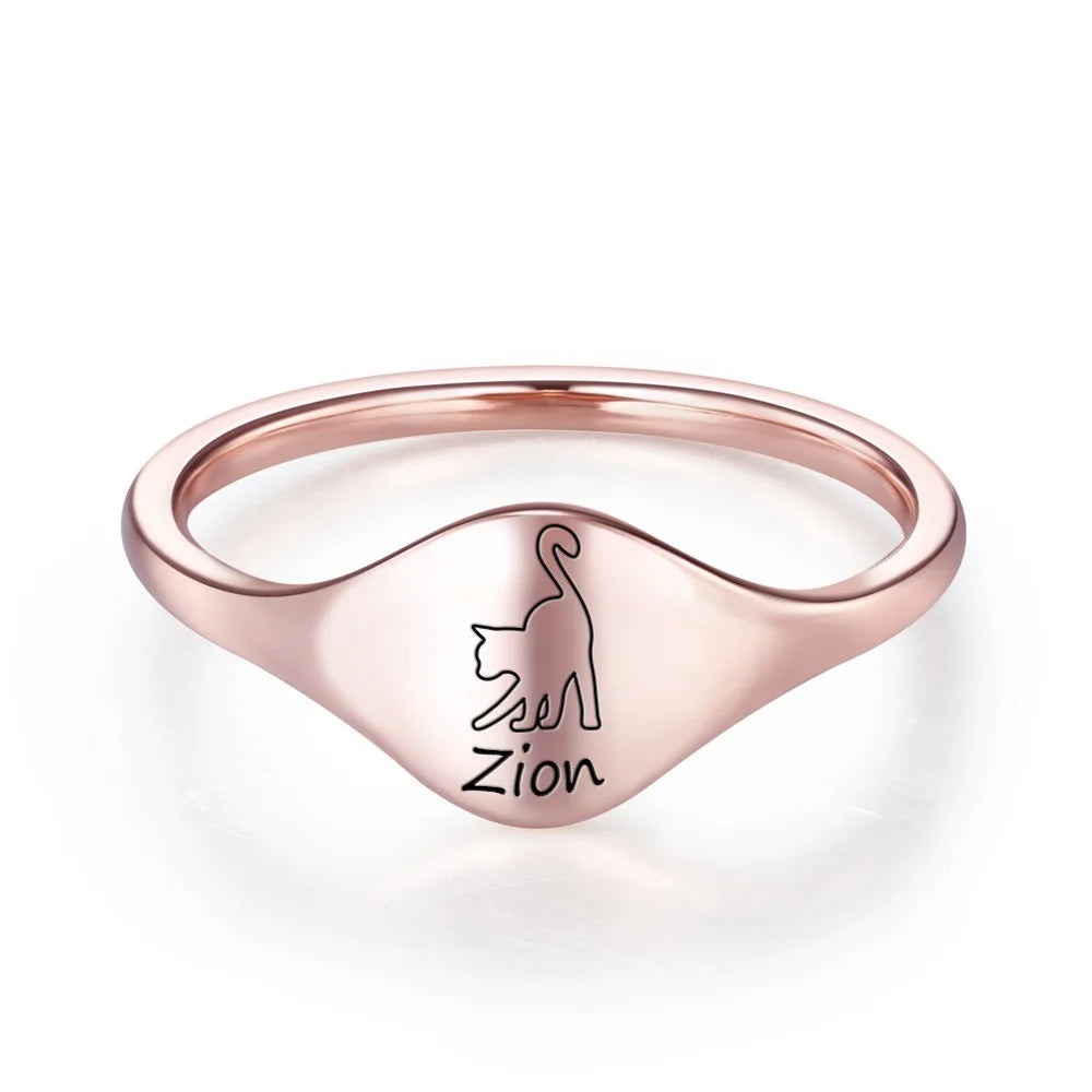 Custom Engraved Cat Silhouette Signet Ring with Name