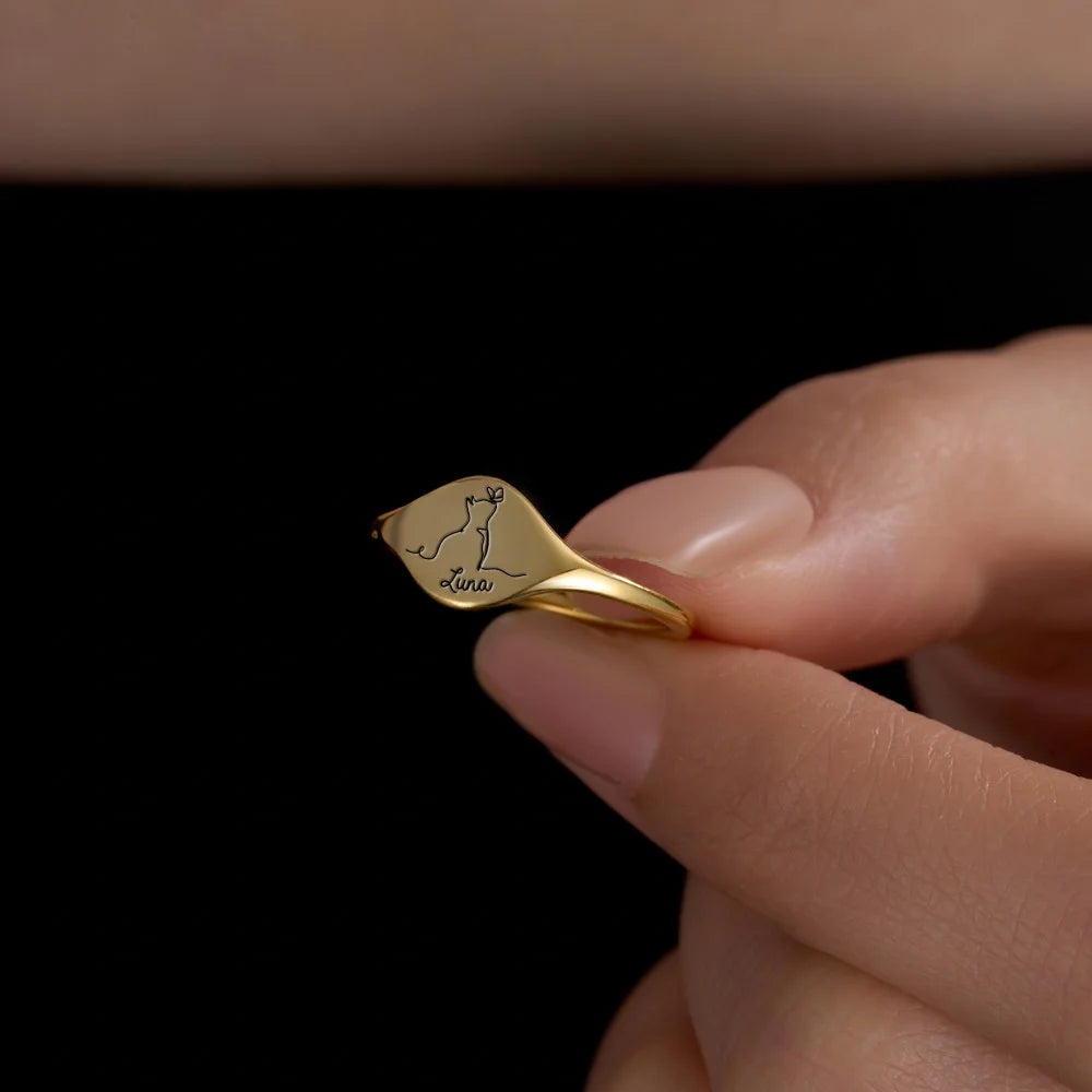 Custom Engraved Cat Silhouette Signet Ring with Name