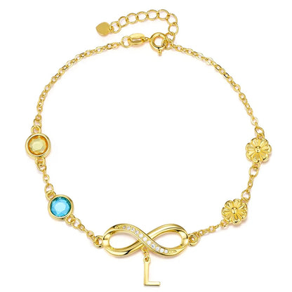 Personalized Birthstone & Birth Flower Infinity Bracelet with Initial
