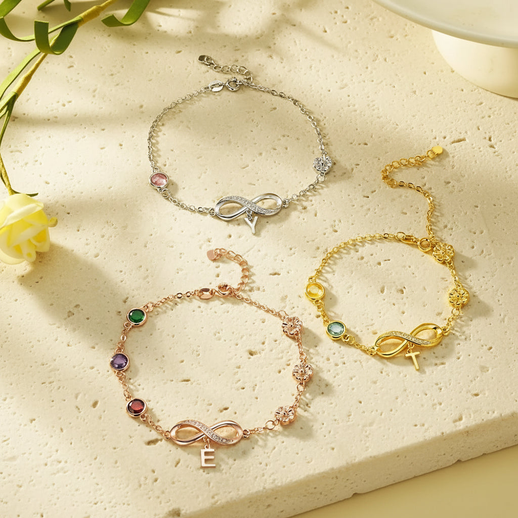 Personalized Birthstone & Birth Flower Infinity Bracelet with Initial