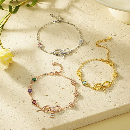 Personalized Birthstone & Birth Flower Infinity Bracelet with Initial