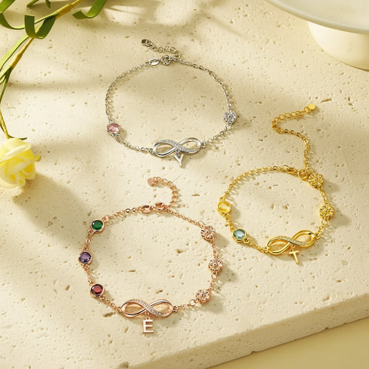 Personalized Birthstone & Birth Flower Infinity Bracelet with Initial