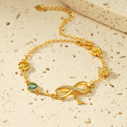 Personalized Birthstone & Birth Flower Infinity Bracelet with Initial