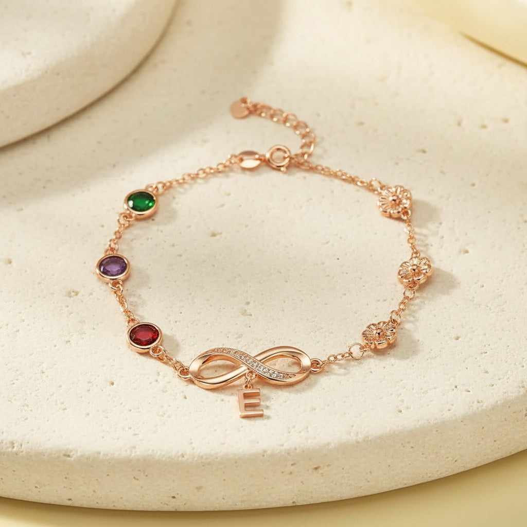 Personalized Birthstone & Birth Flower Infinity Bracelet with Initial