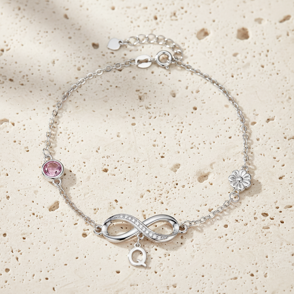 Personalized Birthstone & Birth Flower Infinity Bracelet with Initial