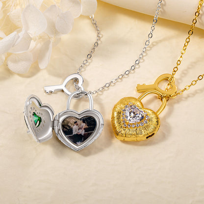 Personalized Photo Heart Lock Necklace with Birthstone