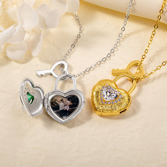 Personalized Photo Heart Lock Necklace with Birthstone
