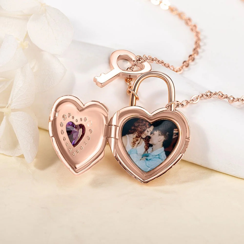 Personalized Photo Heart Lock Necklace with Birthstone