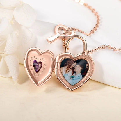 Personalized Photo Heart Lock Necklace with Birthstone