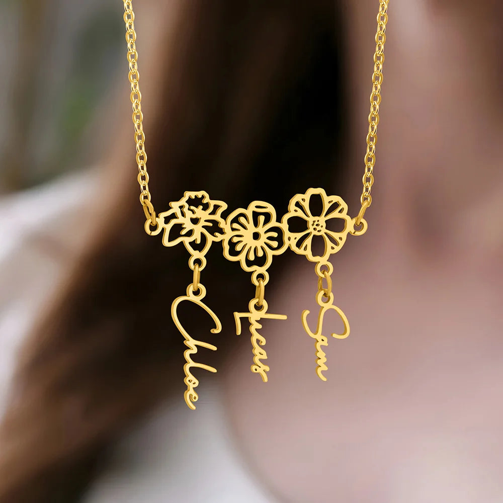 Custom 1-8 Name Birth Flower Charms Necklace