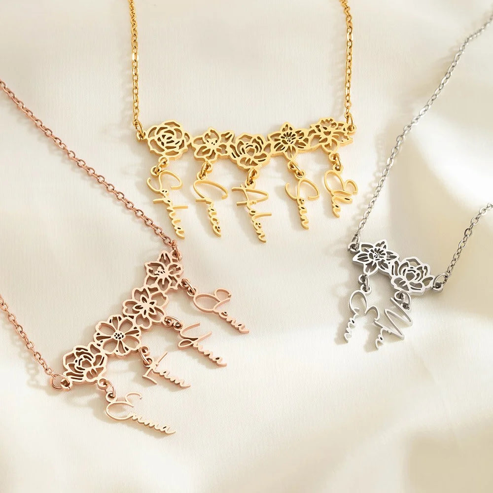 Custom 1-8 Name Birth Flower Charms Necklace