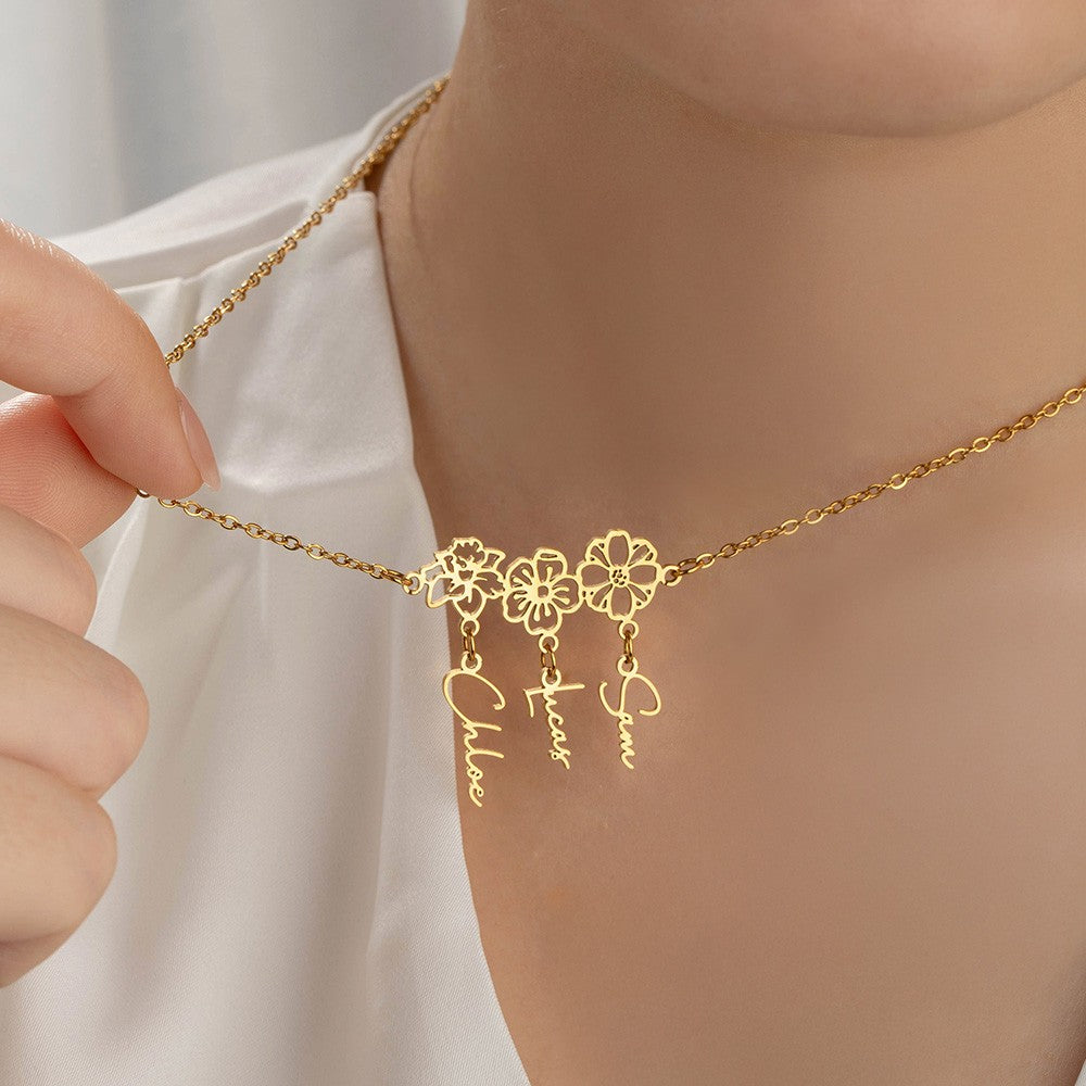 Custom 1-8 Name Birth Flower Charms Necklace