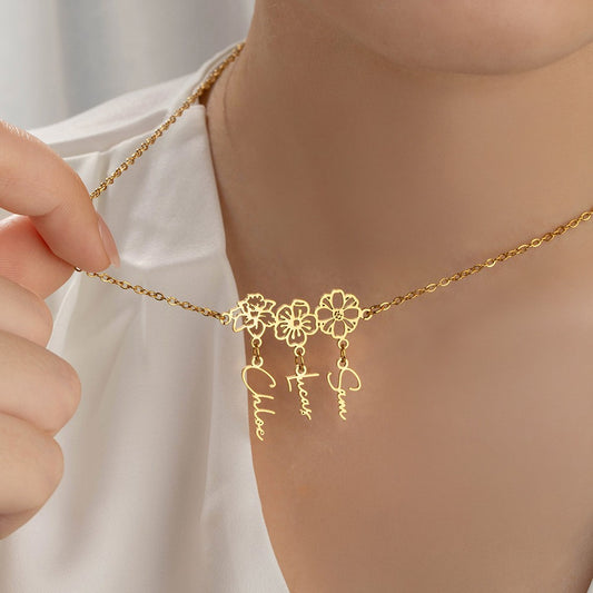 Custom 1-8 Name Birth Flower Charms Necklace