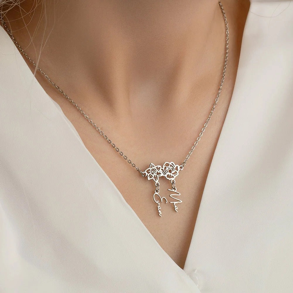 Custom 1-8 Name Birth Flower Charms Necklace