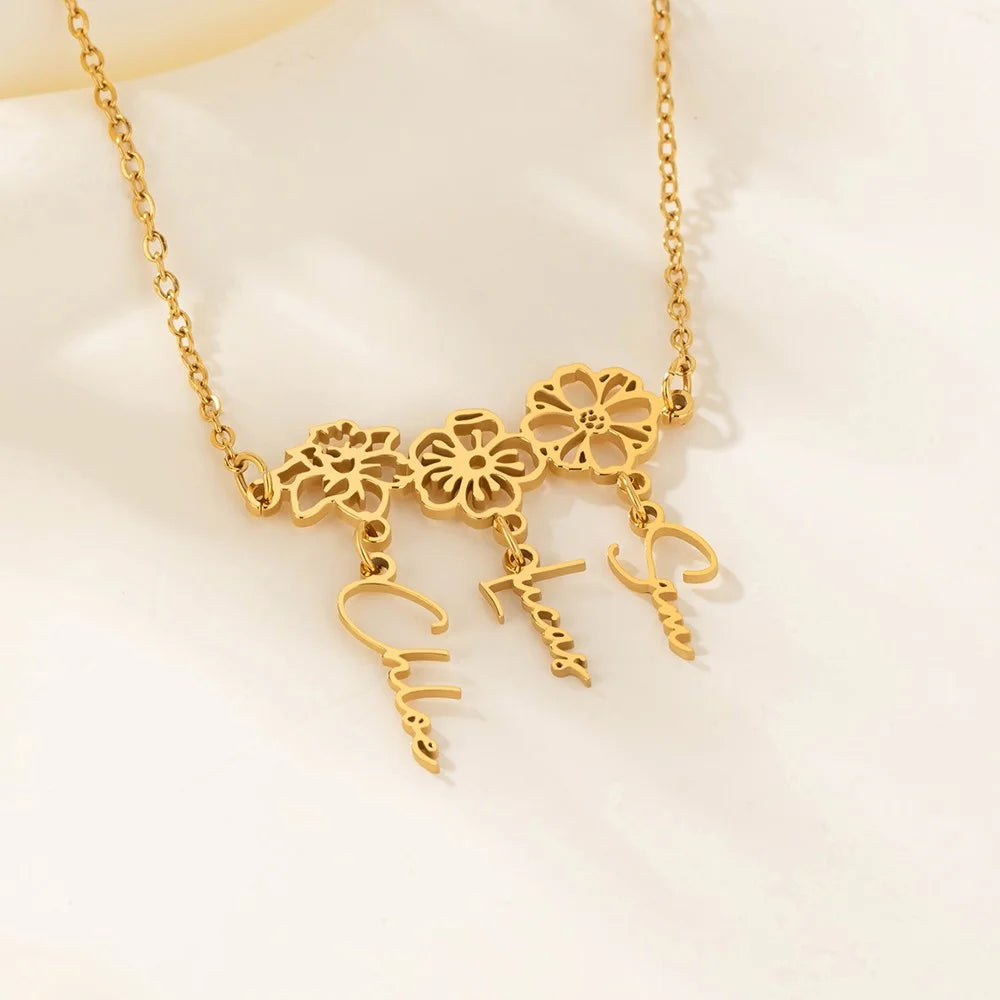 Custom 1-8 Name Birth Flower Charms Necklace