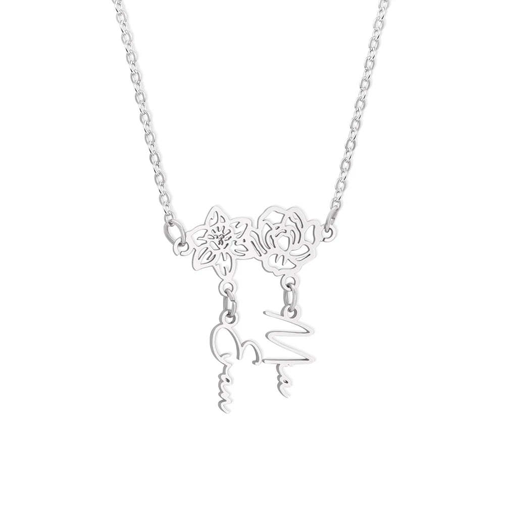 Custom 1-8 Name Birth Flower Charms Necklace