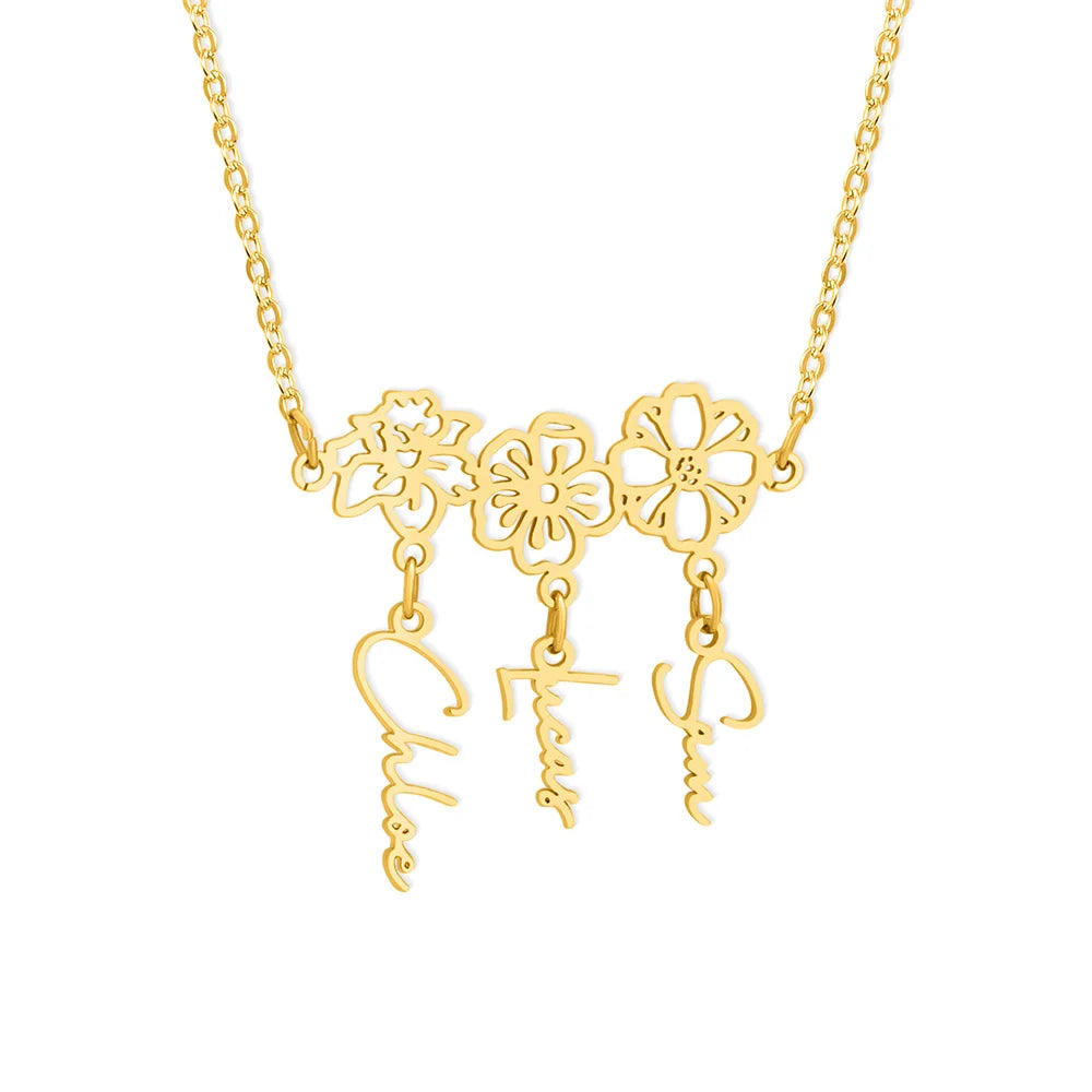 Custom 1-8 Name Birth Flower Charms Necklace