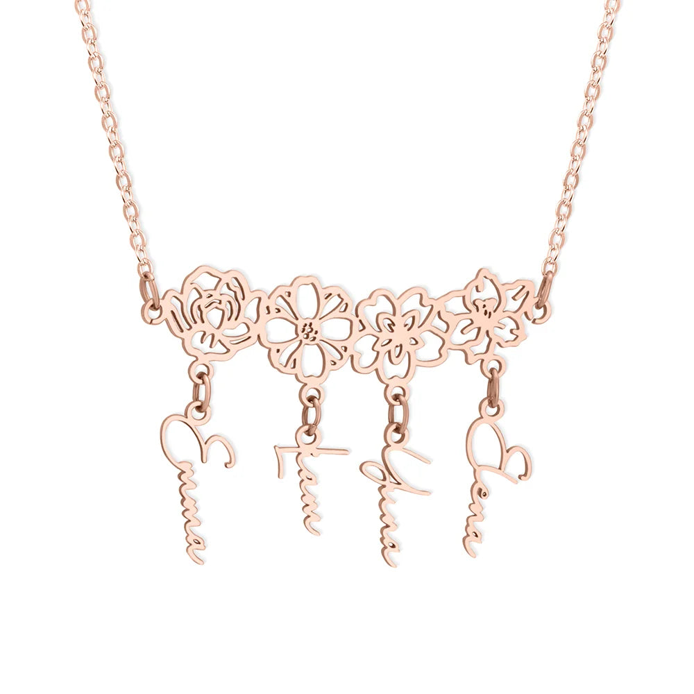 Custom 1-8 Name Birth Flower Charms Necklace
