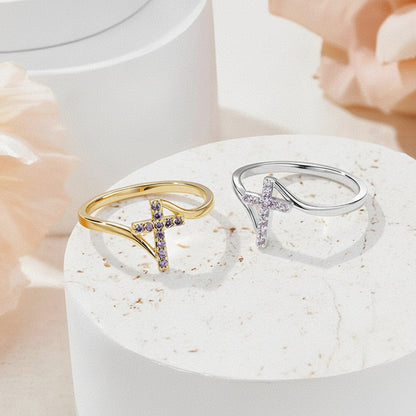 Personalized Cross Ring with Pave Birthstones