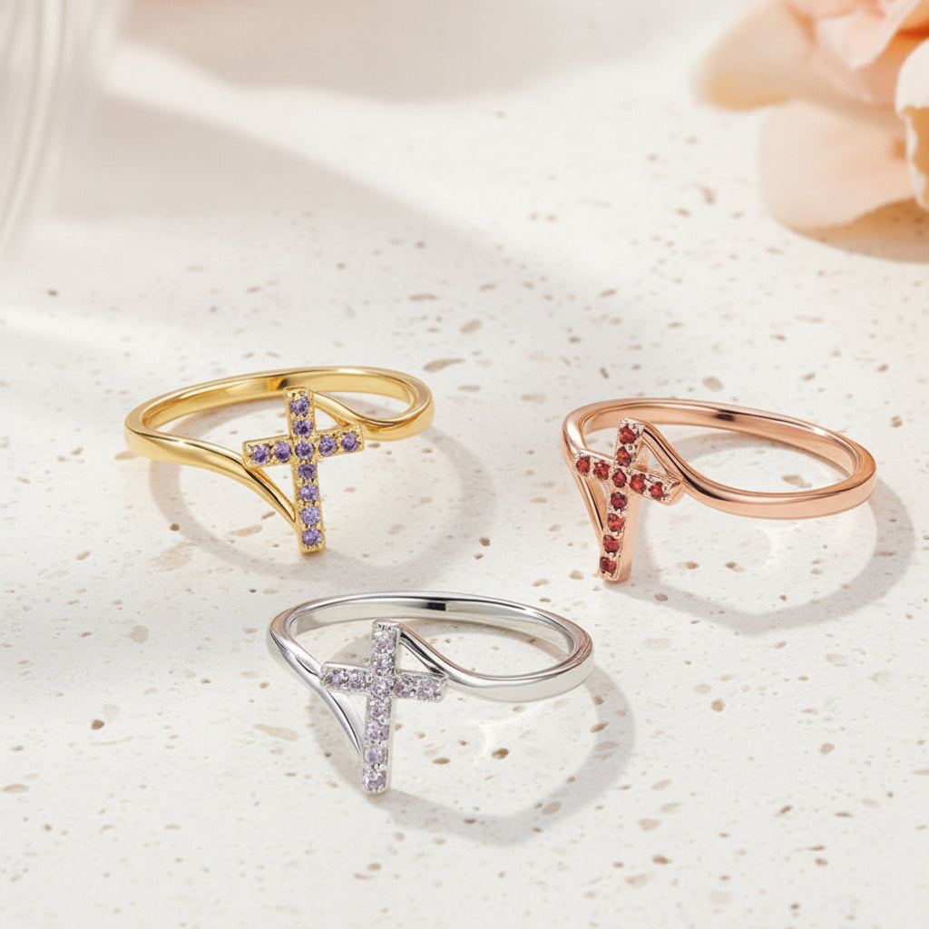 Personalized Cross Ring with Pave Birthstones