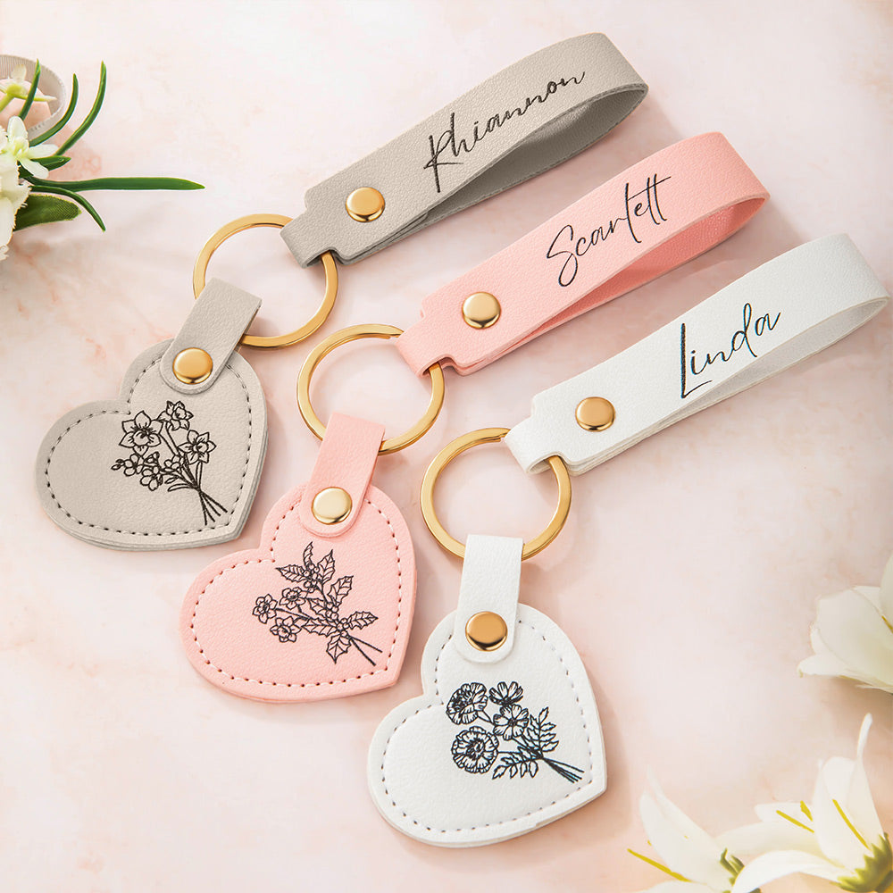 Personalized Name Birth Flower Leather Keychain