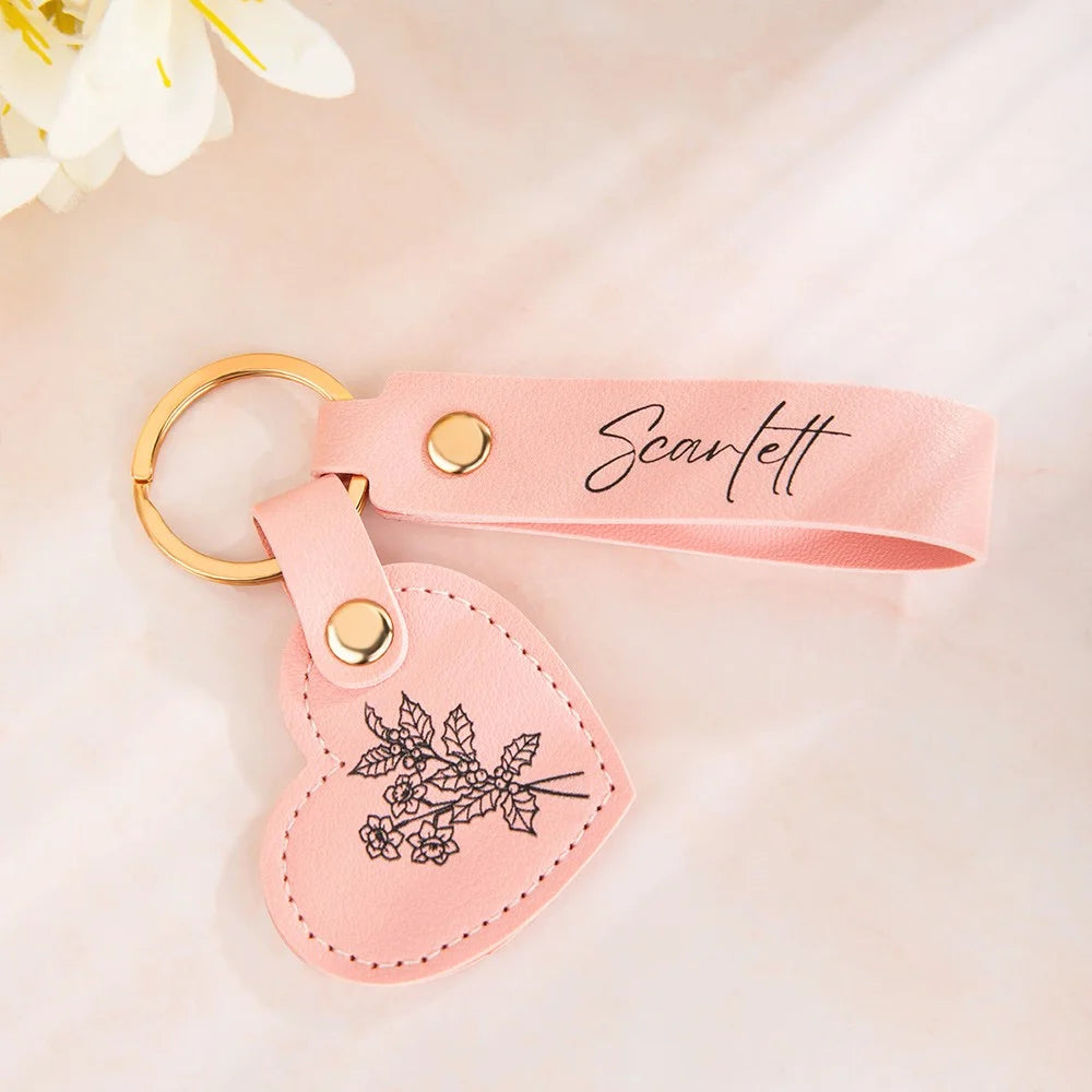 Personalized Name Birth Flower Leather Keychain
