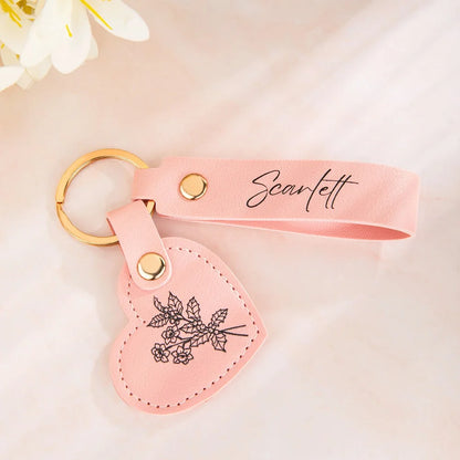 Personalized Name Birth Flower Leather Keychain