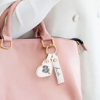 Personalized Name Birth Flower Leather Keychain